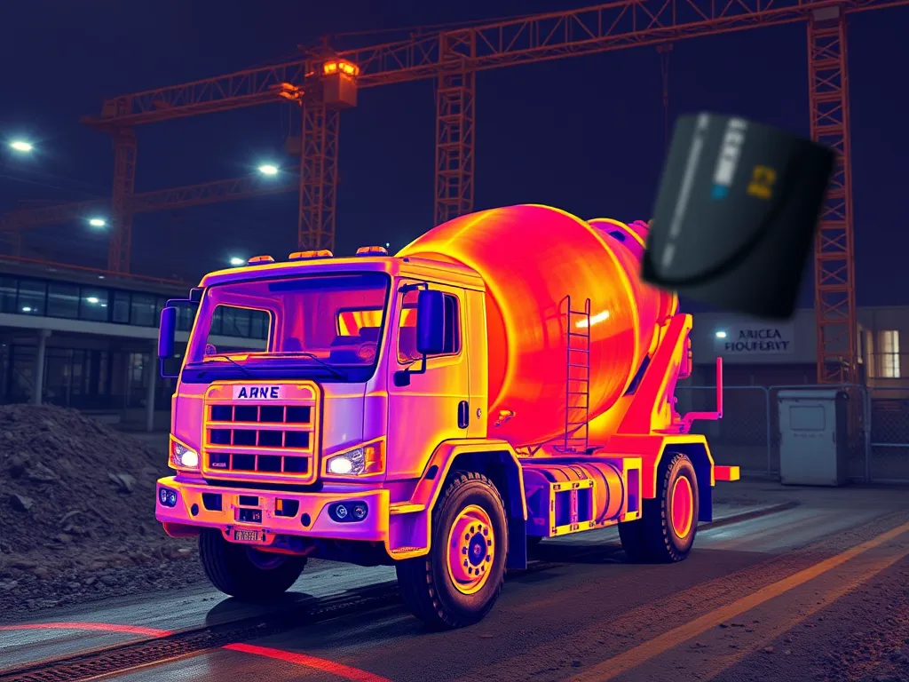 Thermal image of a cement mixer truck used in asphalt work quality inspection.