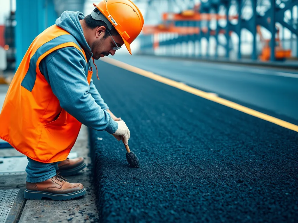 Worker inspecting asphalt surface for quality during construction