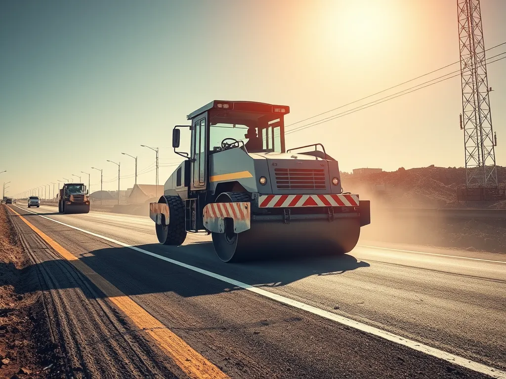 Heavy machinery for inspecting asphalt work quality on a road construction site.