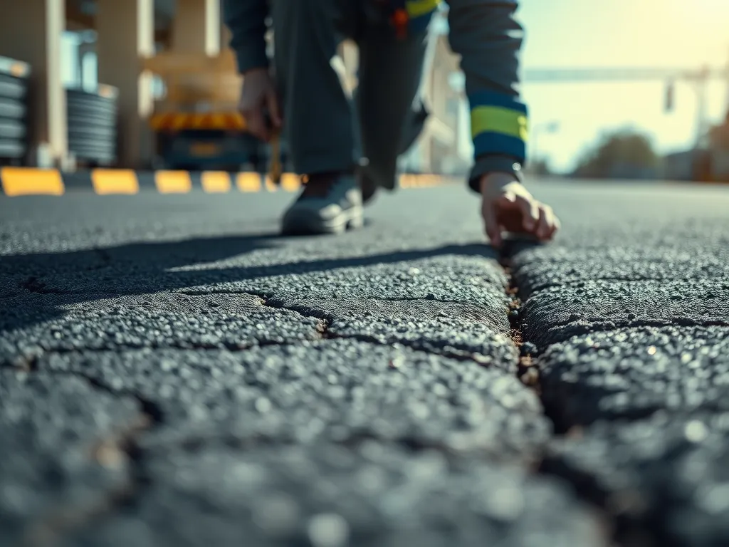 A professional inspecting cracked asphalt surfaces for damage and maintenance.