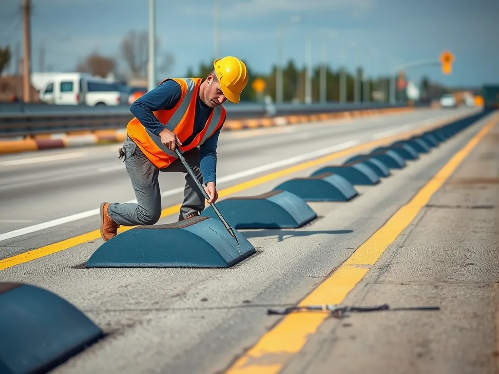 Installer working on laying asphalt speed bumps on a roadway