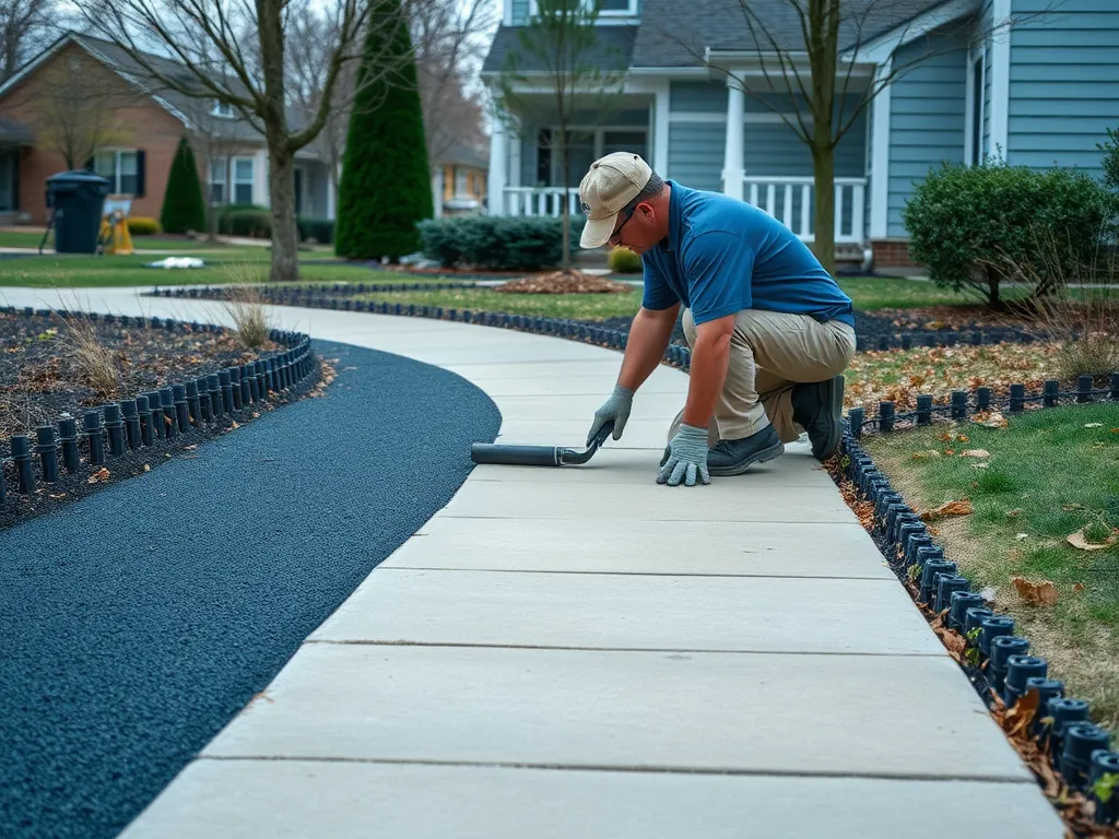 A person applying asphalt on a sidewalk to install new pathways.