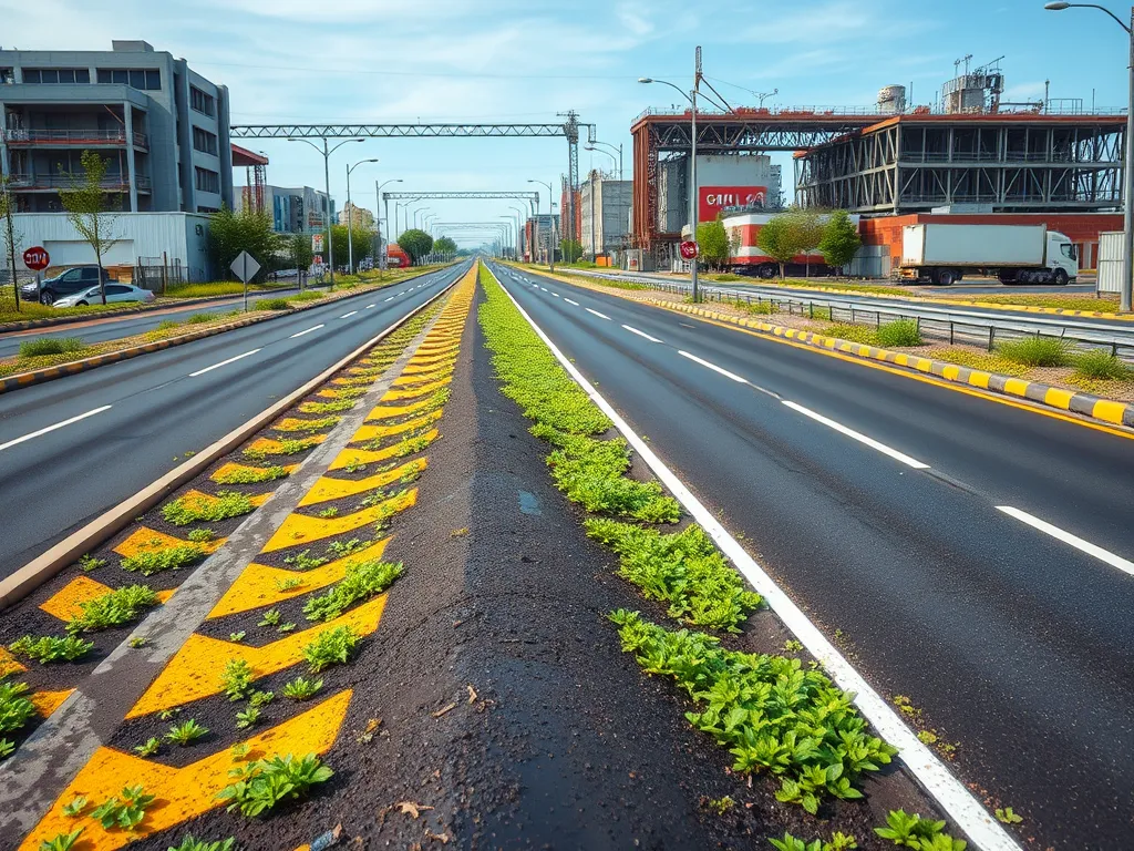 Quiet pavement technology featuring a green median on an urban road, showcasing innovative investment in sustainable infrastructure.