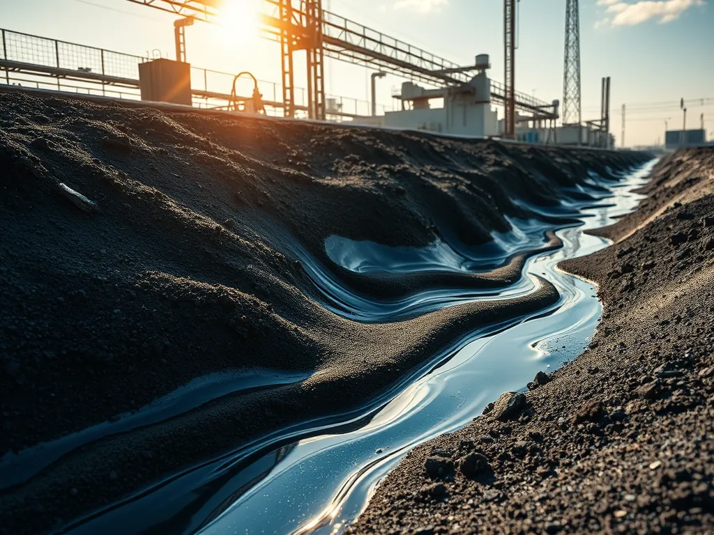 A close-up view of liquid asphalt flowing along a surface, illustrating the liquid state of asphalt.