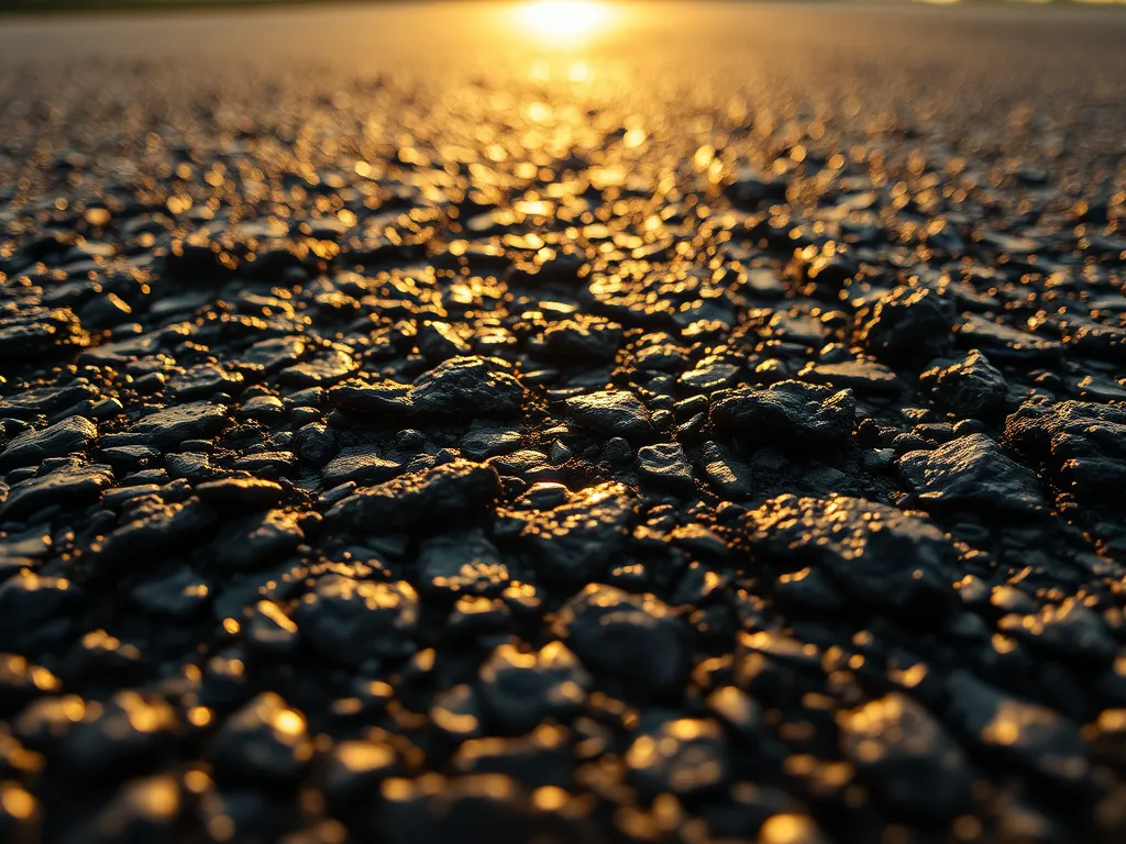 Close-up view of asphalt surface showing sticky texture under sunlight
