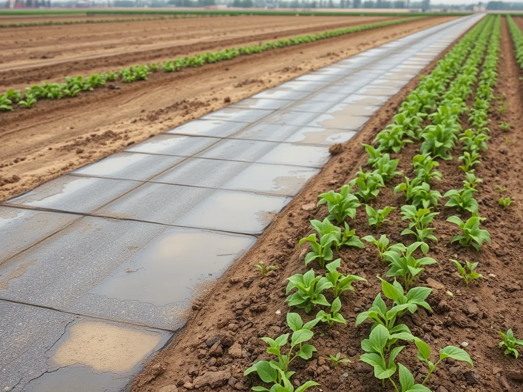 Image showing asphalt pathways next to healthy crop rows in a farm, related to the toxicity of asphalt.