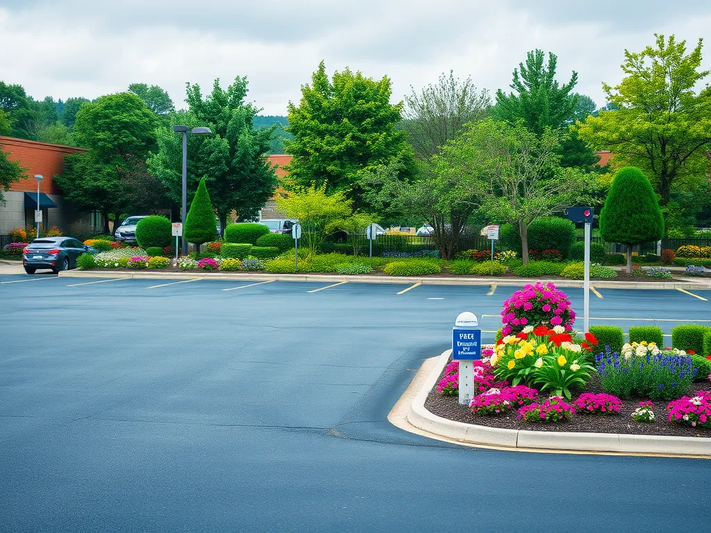 Beautifully landscaped asphalt parking lot with vibrant flowers and greenery