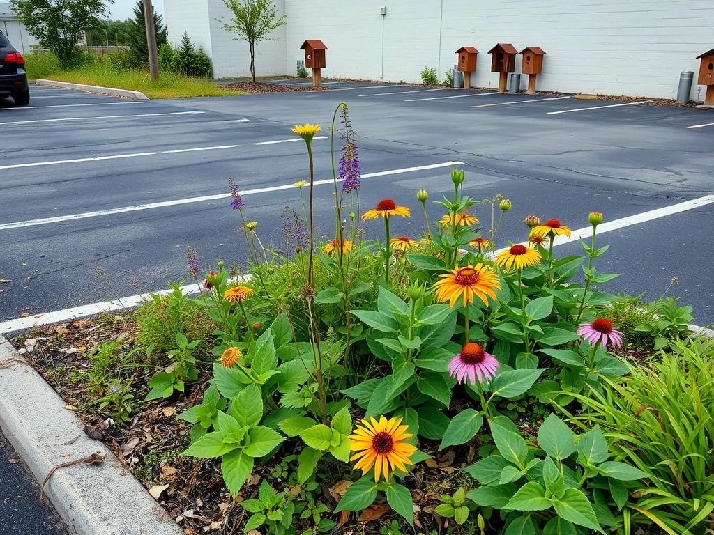 Colorful flowers and greenery enhancing an asphalt parking lot