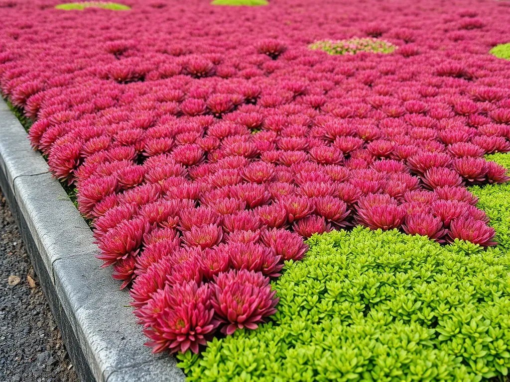 Colorful landscaping featuring vibrant pink and green plants enhancing asphalt parking lots