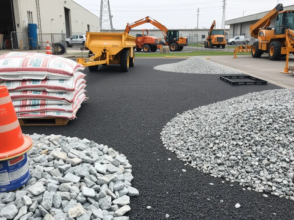Materials and equipment for laying an asphalt driveway, including gravel and asphalt mix.