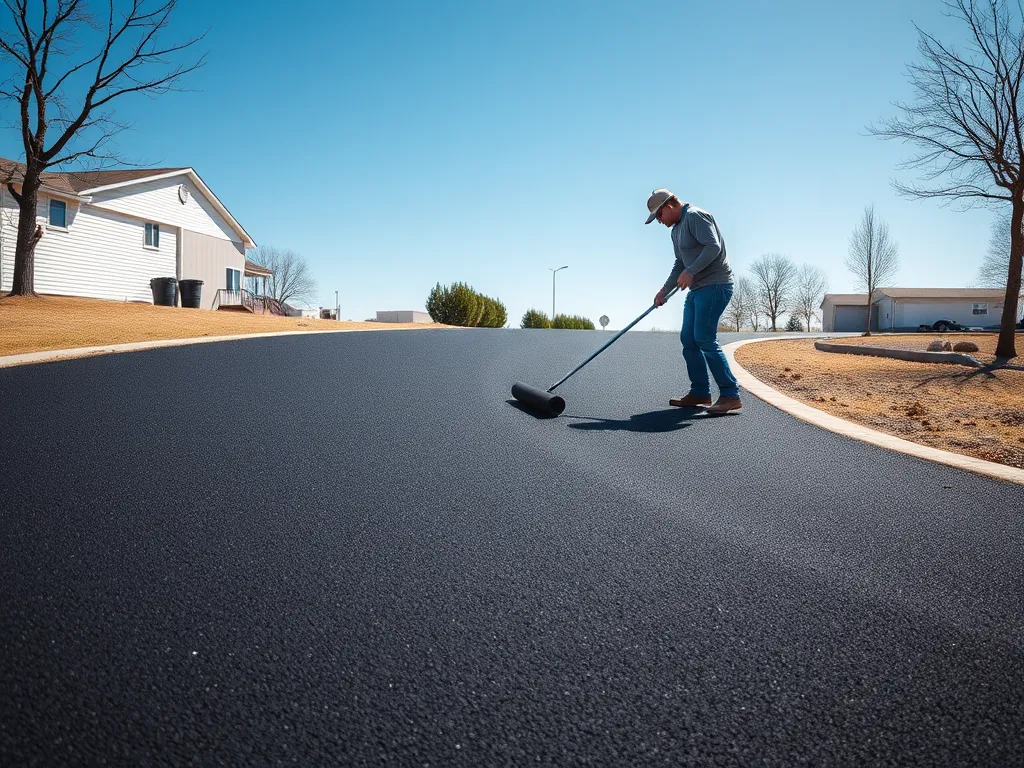Person laying asphalt on a driveway with a roller tool, illustrating the process of how to lay an asphalt driveway.