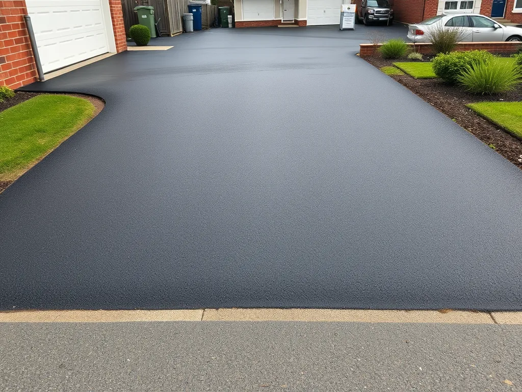 Freshly laid asphalt driveway showing smooth surface and landscaping