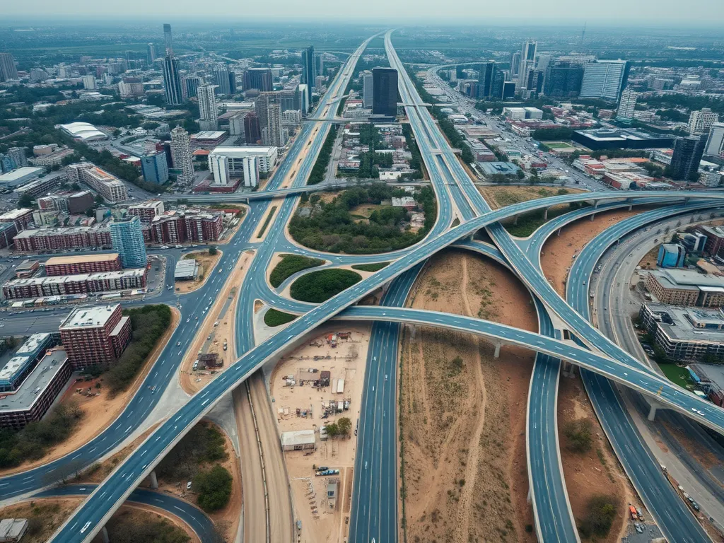 Aerial view of urban highways showcasing the legacy of asphalt in city planning and infrastructure.