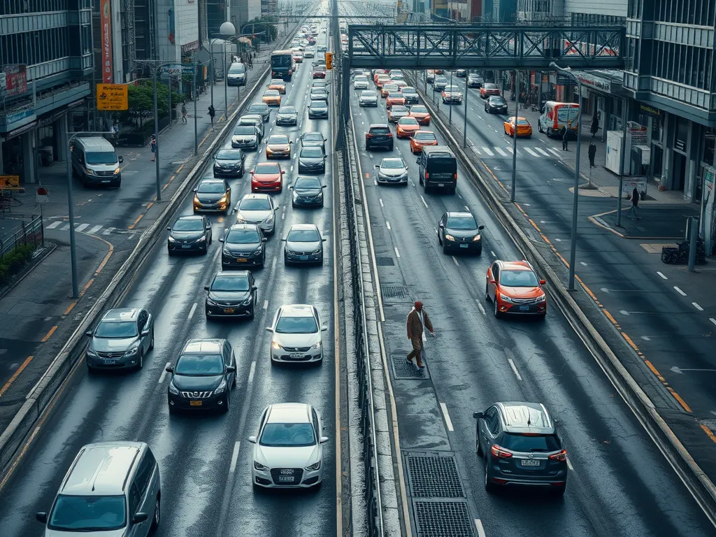 A busy city street showcasing the impact of asphalt in urban development with heavy traffic.