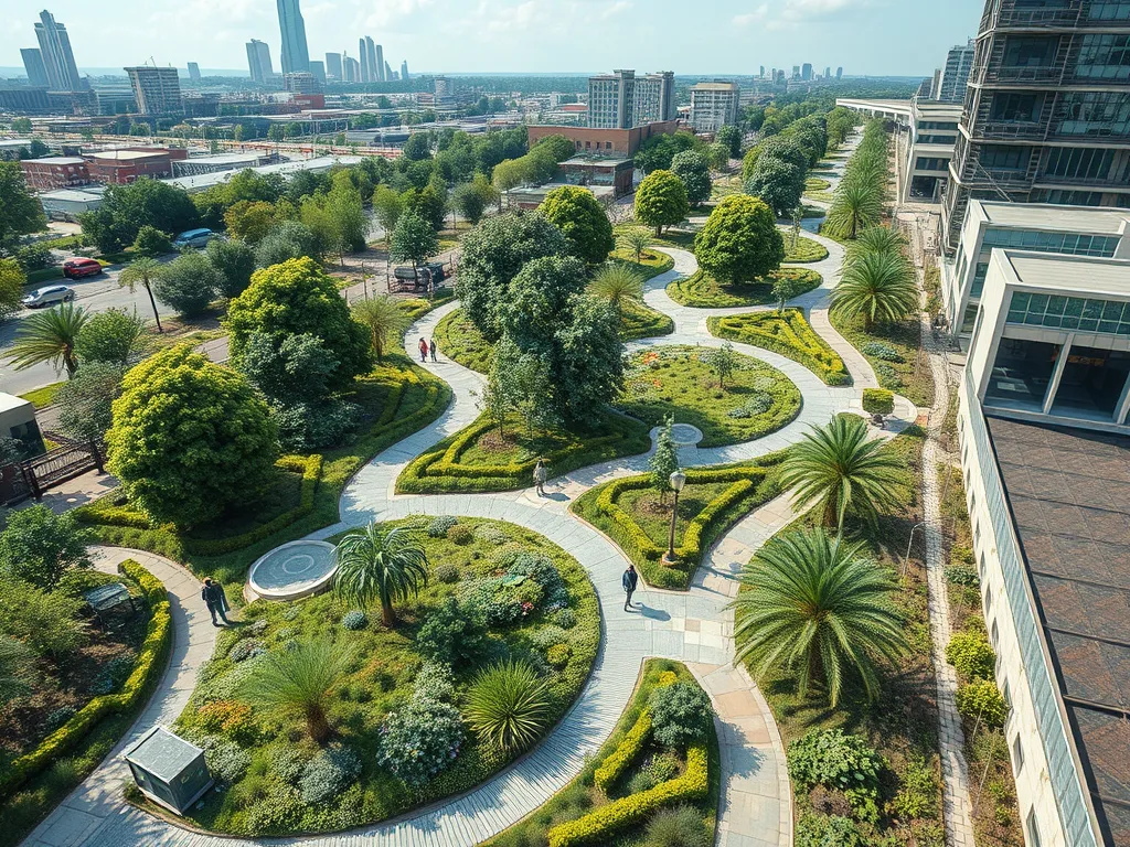 Aerial view of a landscaped urban area showcasing the integration of asphalt pathways in city development