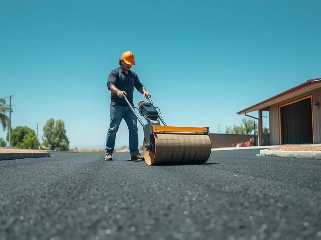 A worker leveling an asphalt driveway with a steam roller for a smooth finish