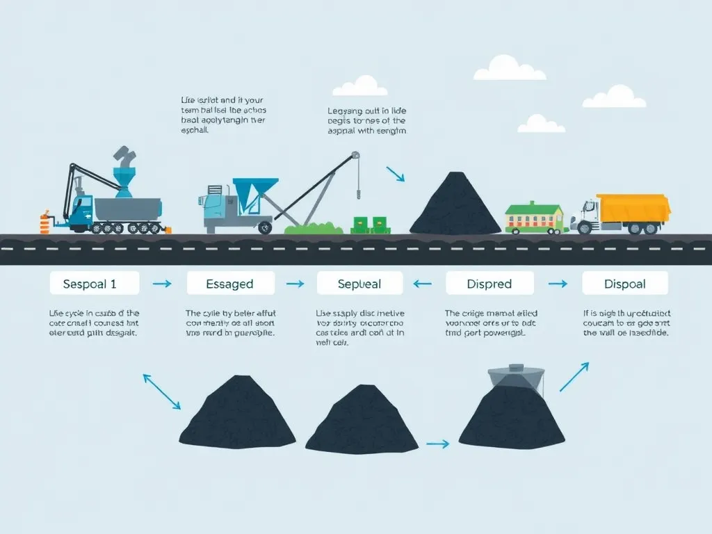 Infographic illustrating the life cycle stages of asphalt materials, including stages like 'Saspcal', 'Essaged', 'Sepual', 'Dispred', and 'Disposal'.