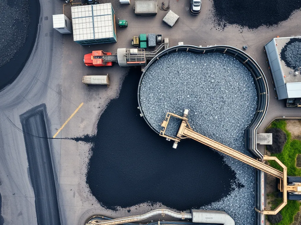 Aerial view of an asphalt production facility illustrating the life cycle analysis process for asphalt products.