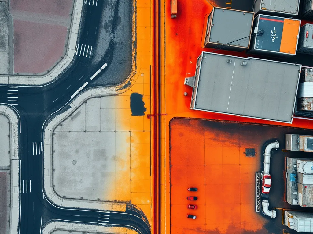 Aerial view of asphalt and concrete surfaces highlighting differences for life cycle assessment.