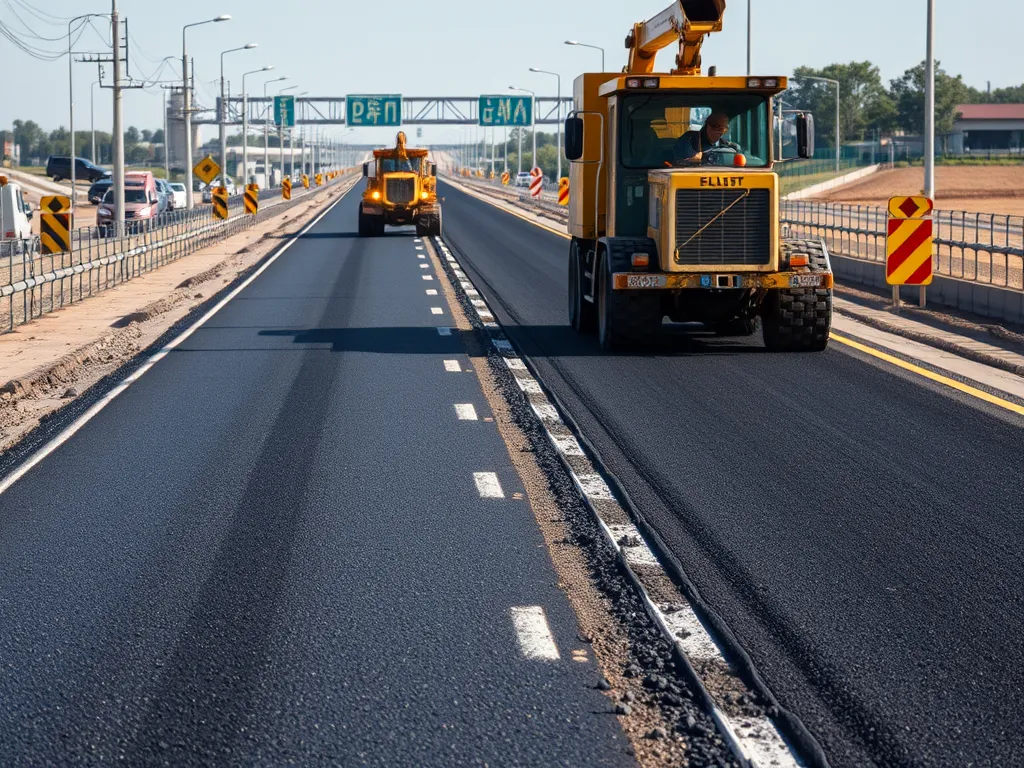 Construction workers applying asphalt on a road, highlighting the life cycle assessment of asphalt compared to alternative materials.