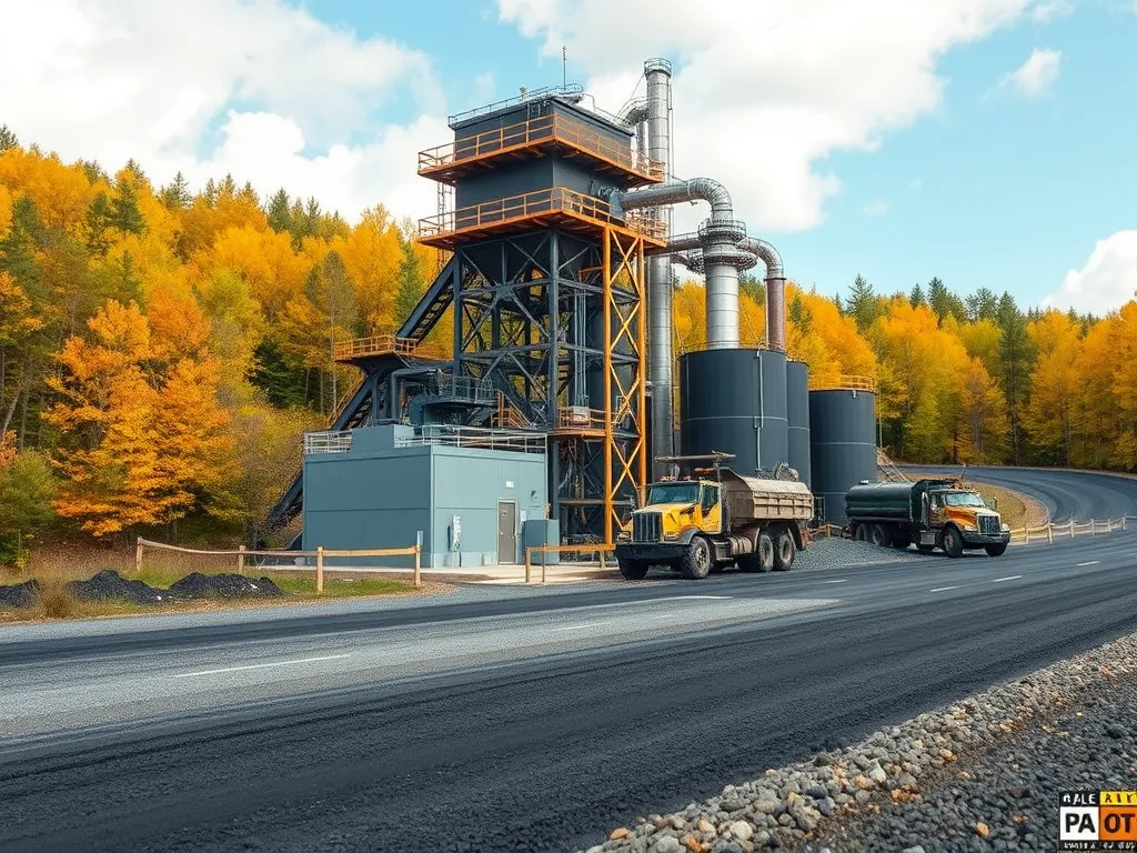 Asphalt plant with trucks in front, showcasing life cycle analysis processes for asphalt materials.
