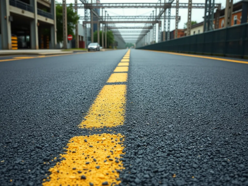 Close-up view of asphalt pavement showing yellow lane markings related to lifecycle analysis of asphalt materials.