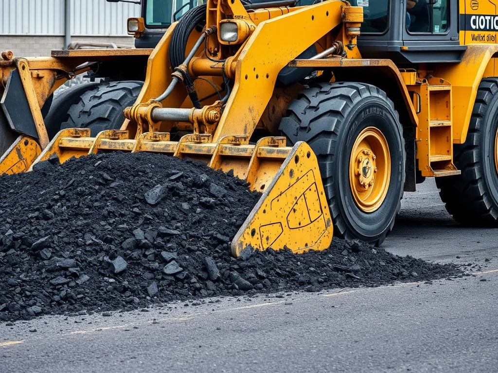 Heavy machinery lifting and moving hot asphalt safely on a construction site