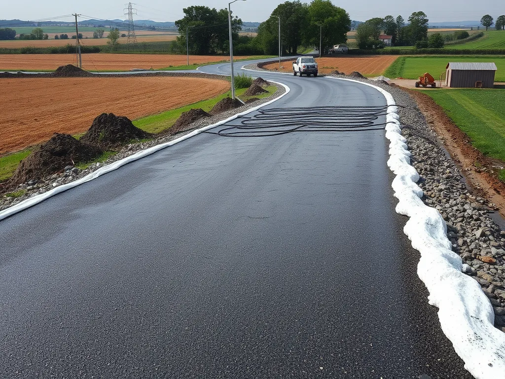 Freshly applied liquid asphalt on a newly constructed road