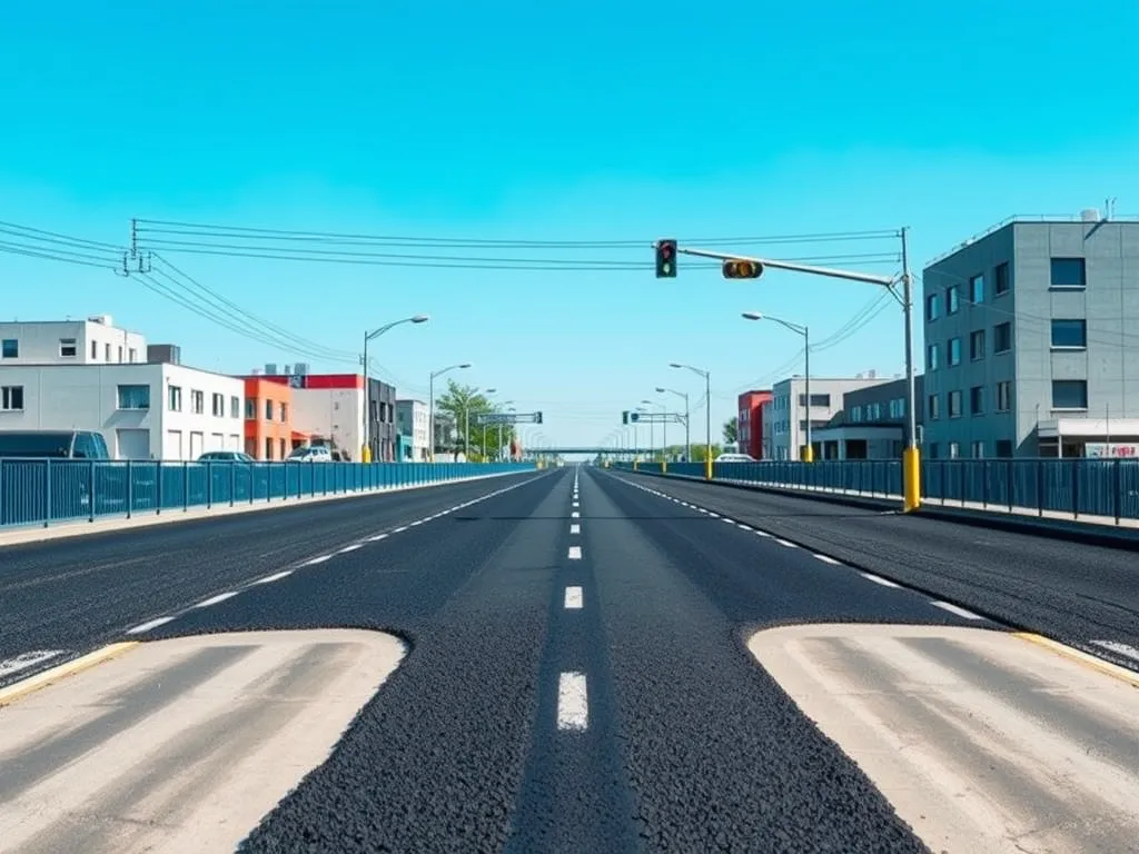 A newly paved road using liquid asphalt showcasing smooth surfaces and clear skies