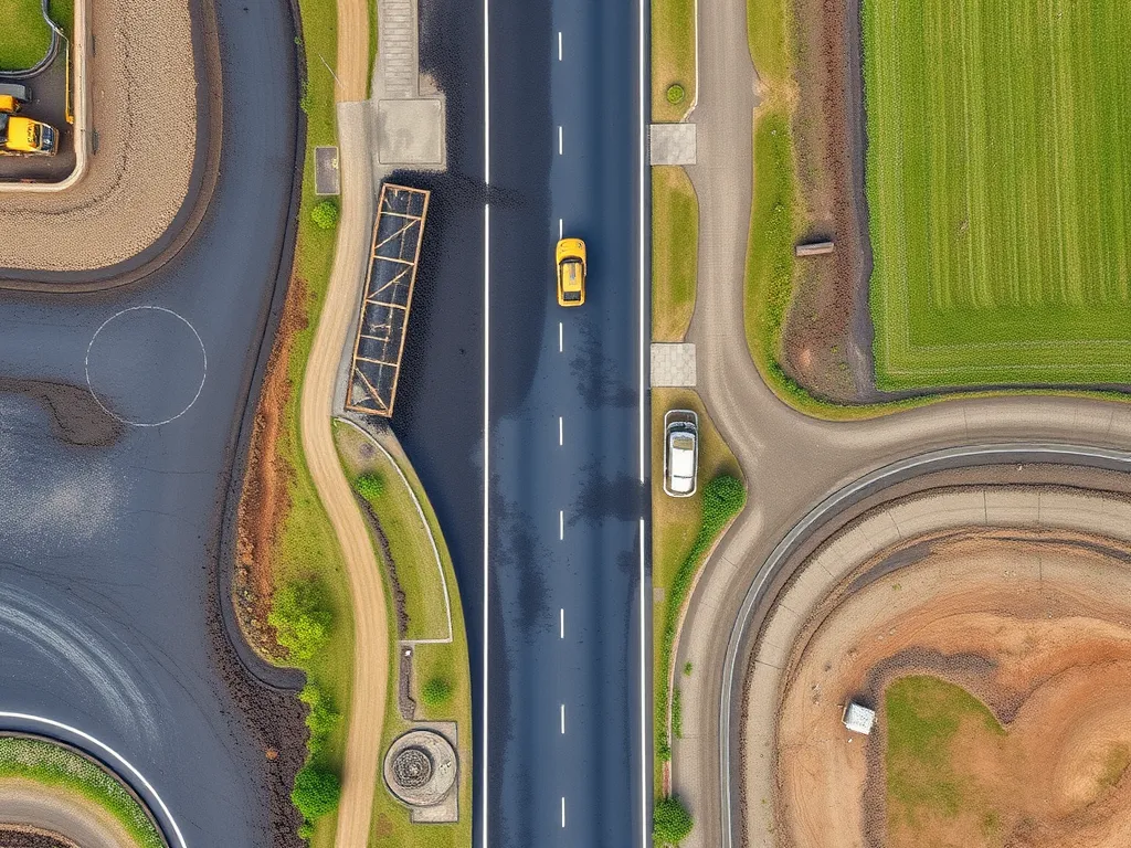 Aerial view of a road applying liquid asphalt showcasing its smooth surface for road construction.