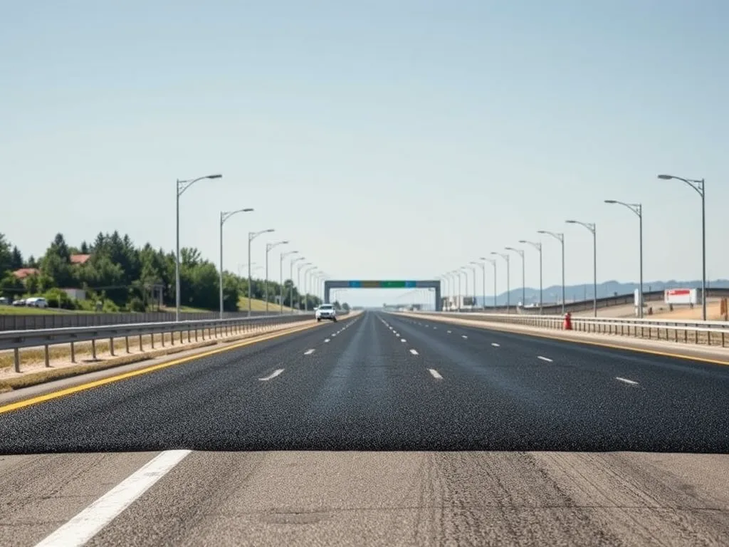 Paved highway showing liquid asphalt applications for road construction.