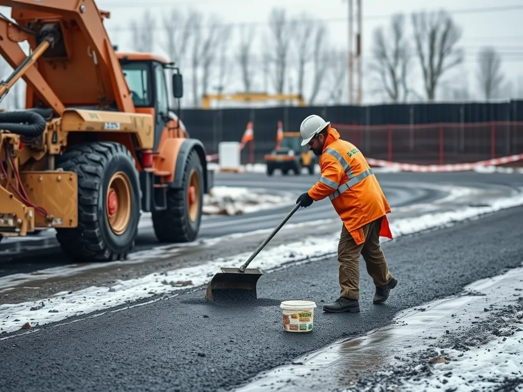 Worker applying liquid asphalt on a construction site with machinery in the background.