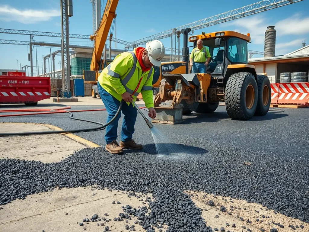 Worker applying liquid asphalt during construction