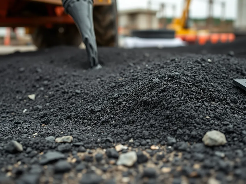 Liquid asphalt being poured onto a gravel surface for road construction.