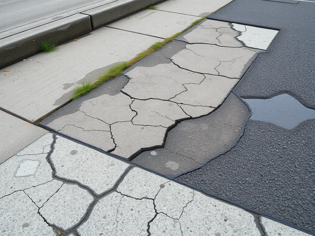 Cracked concrete pavement next to intact asphalt, highlighting load-bearing capacity differences