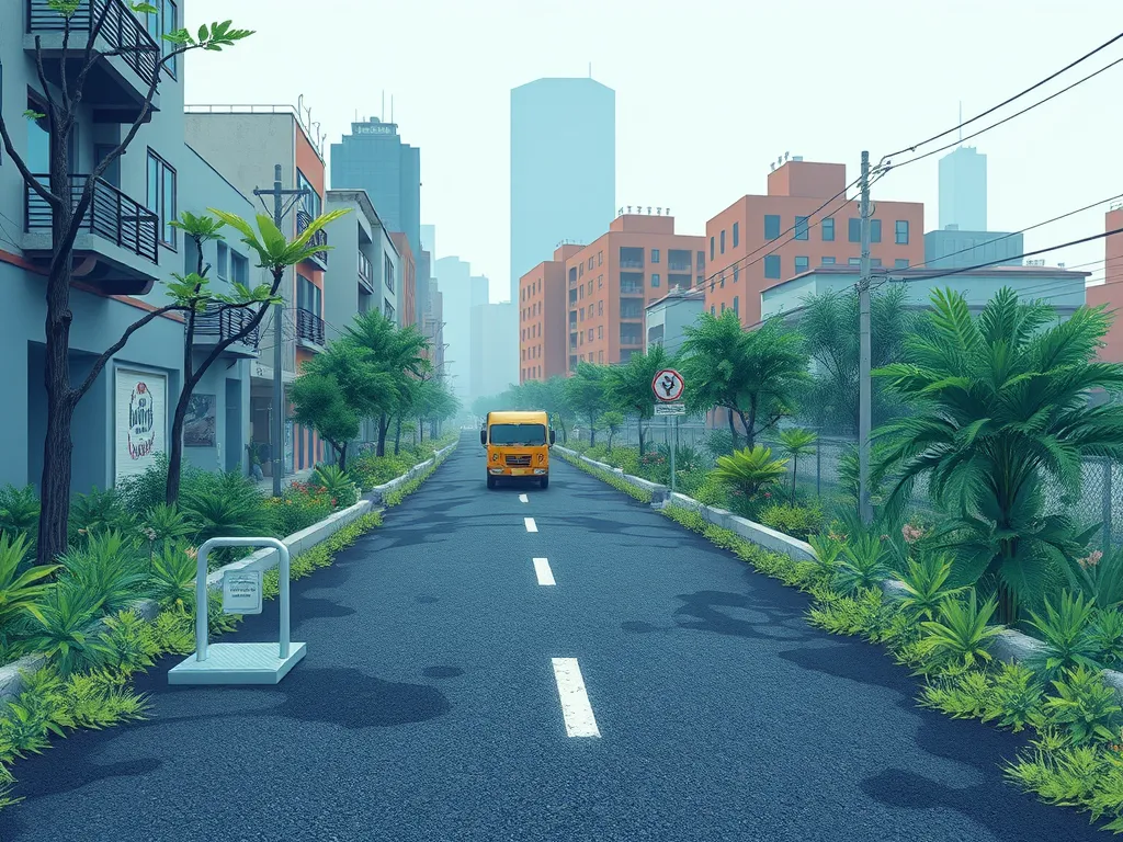 Urban street scene featuring asphalt road amidst greenery, highlighting the local impacts of asphalt usage.