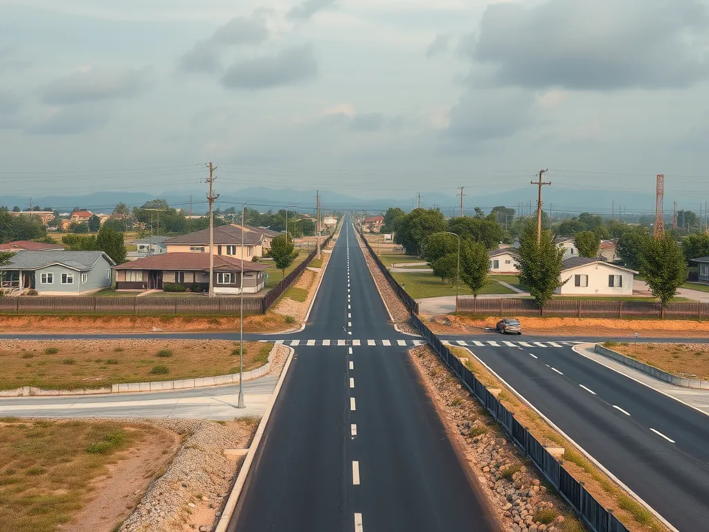 Aerial view of a newly paved asphalt road in a suburban area, highlighting the impact of asphalt usage on local infrastructure.