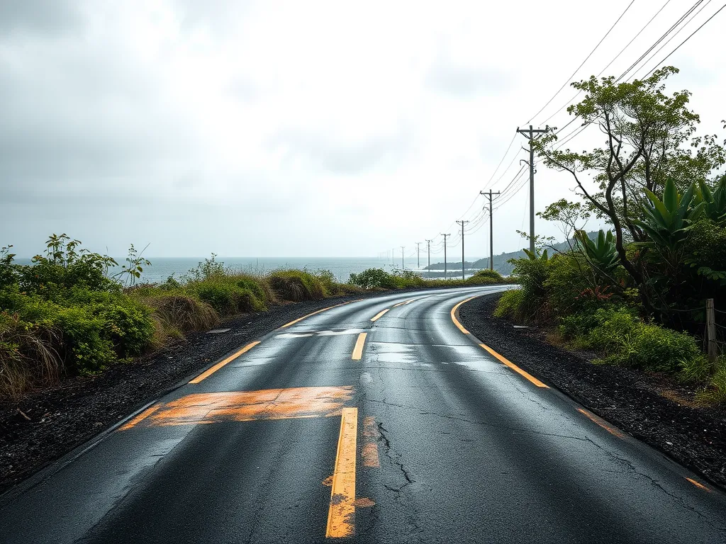 A wet, winding driveway illustrating the impact of local climate on driveway maintenance needs.