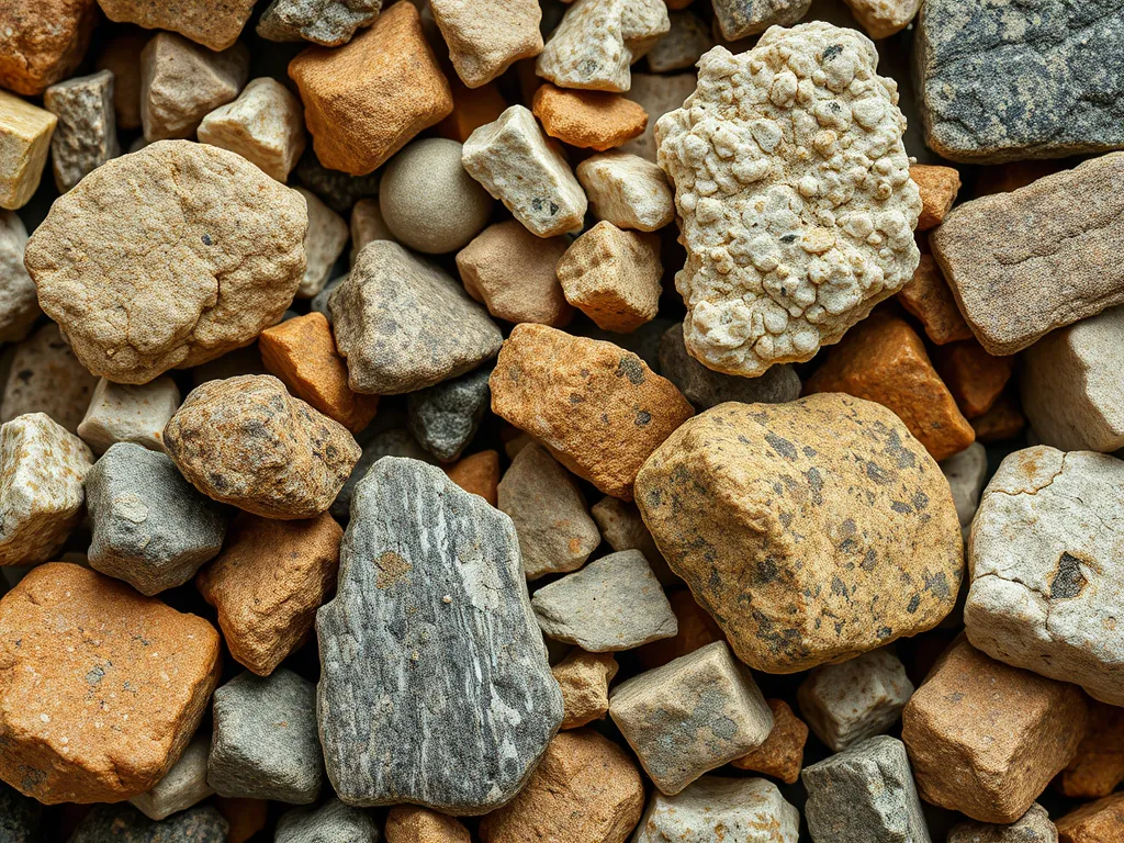 A close-up view of various aggregates showcasing local and imported materials for asphalt production.