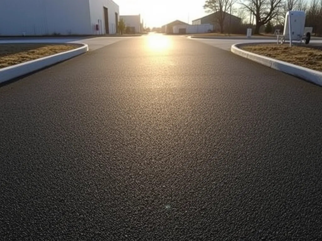 Freshly sealcoated asphalt surface with a glowing sunset in the background highlighting sealcoating's protective benefits.