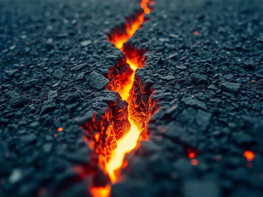 Close-up of asphalt showing cracks caused by low temperatures in winter.