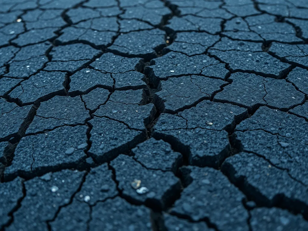 Image showing cracked asphalt due to low temperatures, illustrating low temperature asphalt cracking.