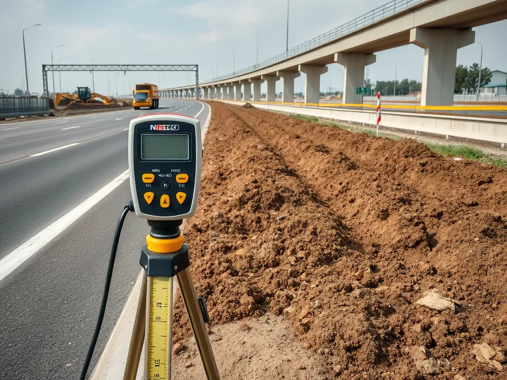 A moisture gauge measuring soil moisture content for optimal compaction in construction.