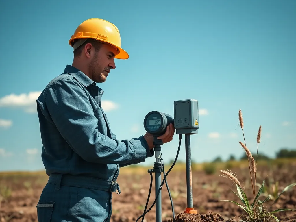 Worker measuring soil moisture levels for optimal compaction