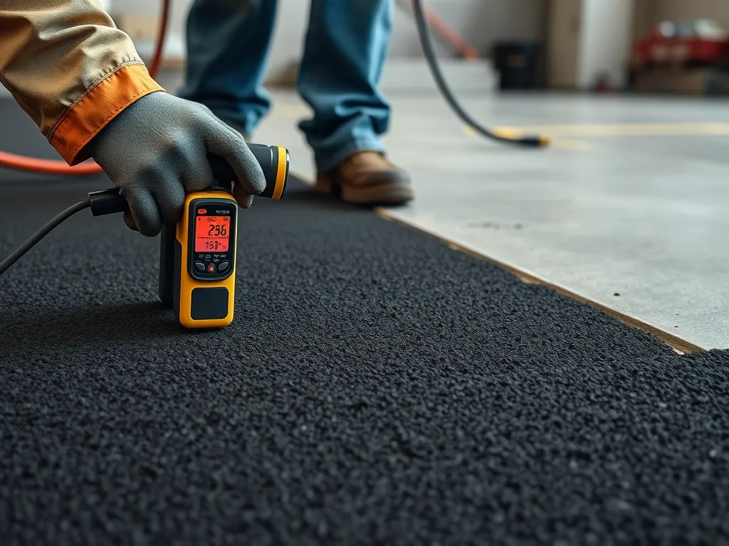 Handheld device measuring temperature on mastic asphalt flooring for optimal application.