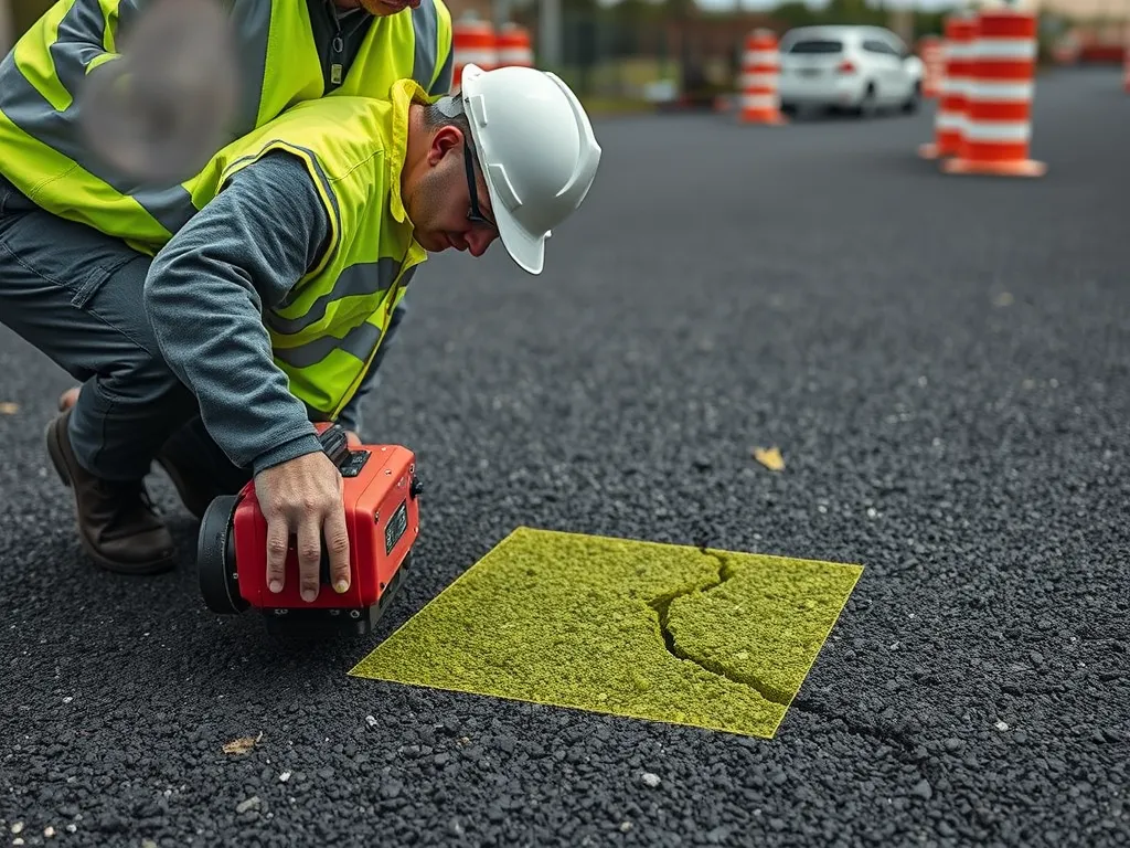Professional conducting material testing using advanced technology to assess asphalt integrity.