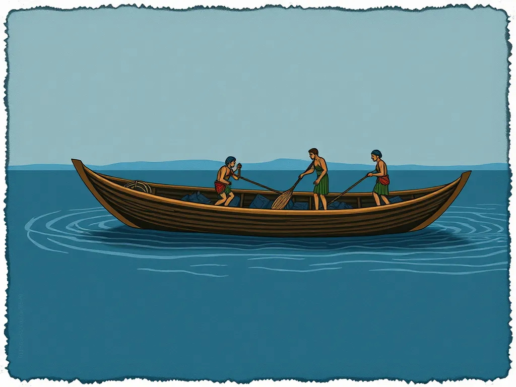 Illustration of ancient Mesopotamian fishermen using a boat, highlighting the use of asphalt in their construction.