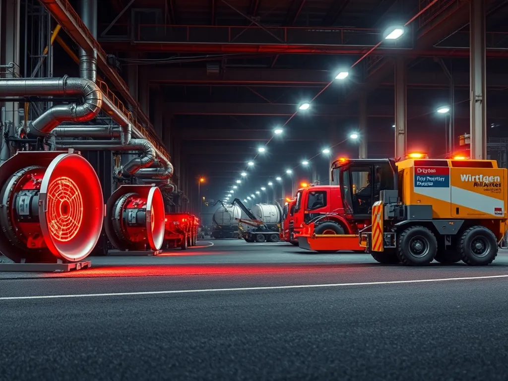 Heavy machinery used in micro-surfacing and recycling processes for road maintenance.