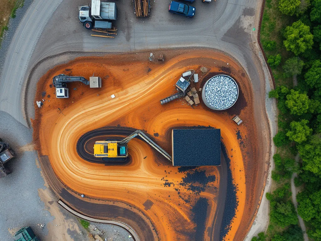 A construction site showing machinery working with milled asphalt, relevant for calculating tons in 18 cu yards.