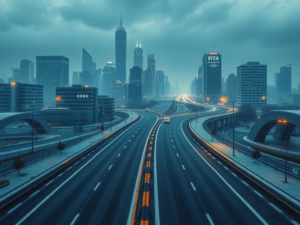 A view of a futuristic urban highway showcasing advancements in modern asphalt technology.